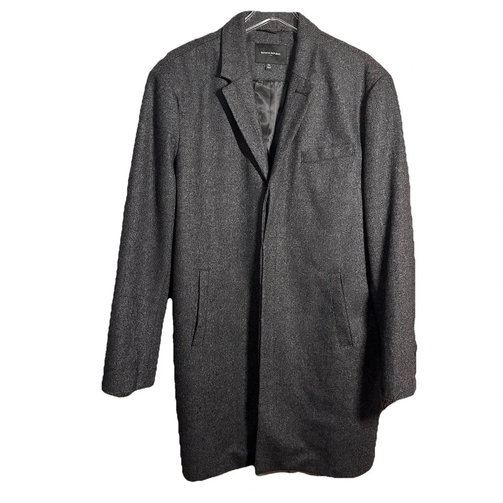 Banana Republic Overcoat Mens XL Gray  Plaid Wool‎ Blend Top Coat Hidden Buttons